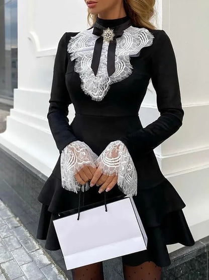 2025 Women's Dresses Fashion Elegant Sexy Long Sleeve Lace Bell Sleeve Ruffle Dress OL Classic Romantic Patchwork Mini Dress