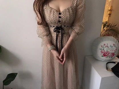 Women Clothing Vestidos Vintage Dress Elegant Square Neck High Waisted Lace Organza Polka Dot Dresses Chic Summer 2025 Slim