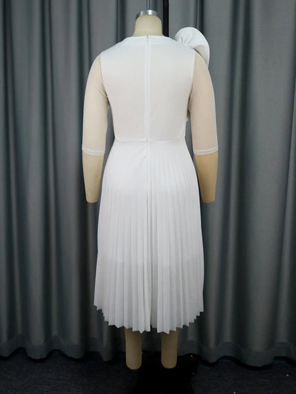 Elegant White Dresses for Women Pleated Ruffles Flower Tulle Sleeves Patchwork Classy Occasion African Wedding Guest Birthday