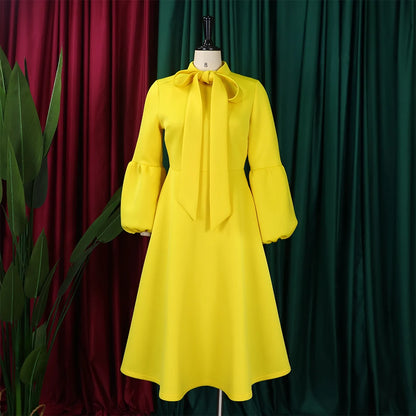 Elegant Dresses for Women Bow Collar Full Sleeve High Waisted A Line Mid Calf Luxury Female Birthday Party Dinner Vestidos Mujer