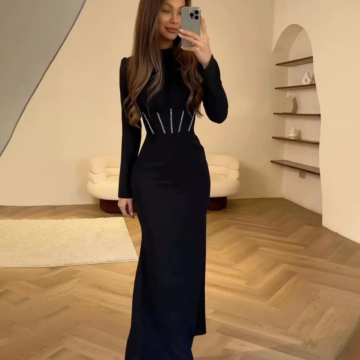 Women Muslim Dresses Slim Party Evening Dress Long Sleeve Pleated Lace-up Irregular Robe Maxi Dress Dubai Abaya Elegant Vestidos