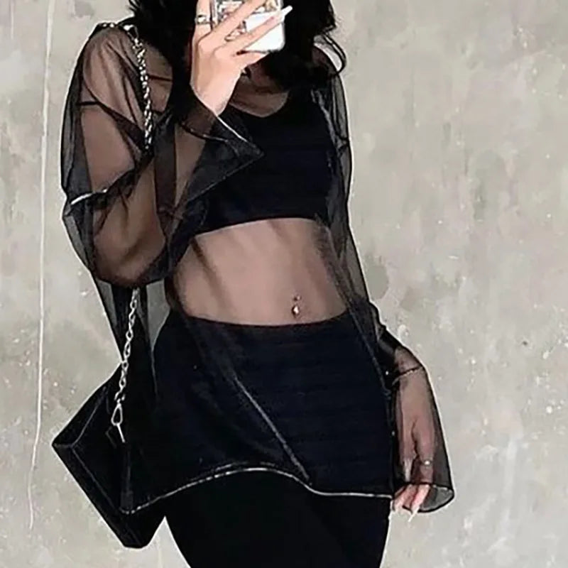 See Through T Shirts For Women Y2k Clothes Sexy Crop Tops Long Sleeve Oversized Tshirt O-Neck Club Outfit Reflective Egirl Tees