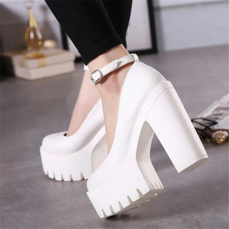Woman Thick High Heels Shoes Ladies Sexy Platform Pumps Gothic Punk Style Ankle Strap Casual Shoes Dress Shoes for Women