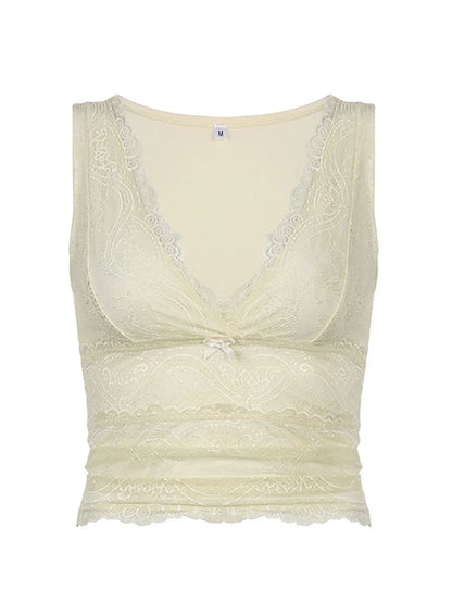Women Tank Tops with Lace Y2k Cutecore Bow V Neck Skinny Fit Navel Solid Color 2000s Vintage Clothing