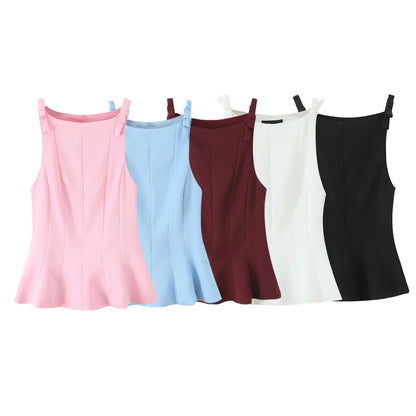 TRAF Top for Women Fashion Summer Short Skirt Hem Bow Sleeveless O-neck Blouse Street Clothing Vest Tank Chic Ladies Tops Mujer