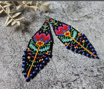 Floral beaded earrings Flower earrings Dangle fringe earrings Seed bead earrings Chandelier earrings Bright beadwork earrings