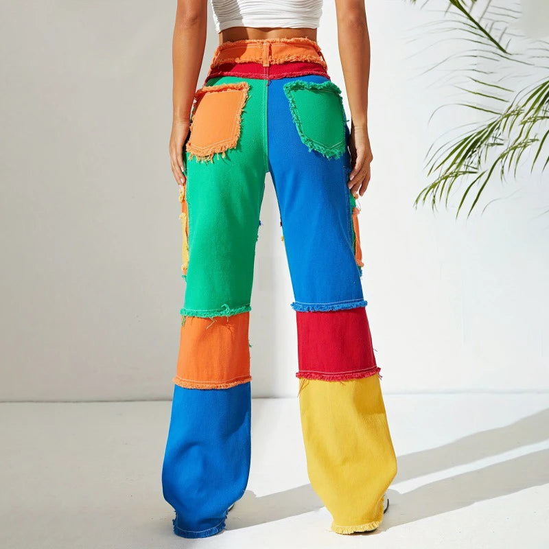 Women's Colorful Jeans Personality Street Pants Slim Fashion Color-blocked Street Corner Horn Jeans for Girls Stage Show Style