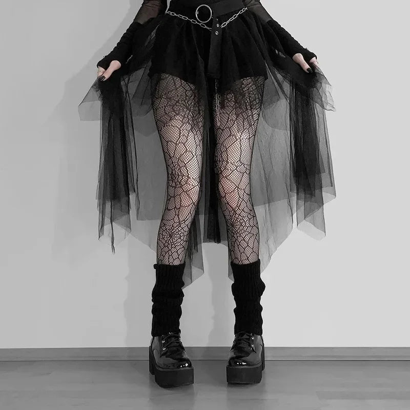 Casual Skirts Punk Sexy Net Yarn High-Waisted Irregular Skirt for Women Summer New European and American Gothic Style Versatile