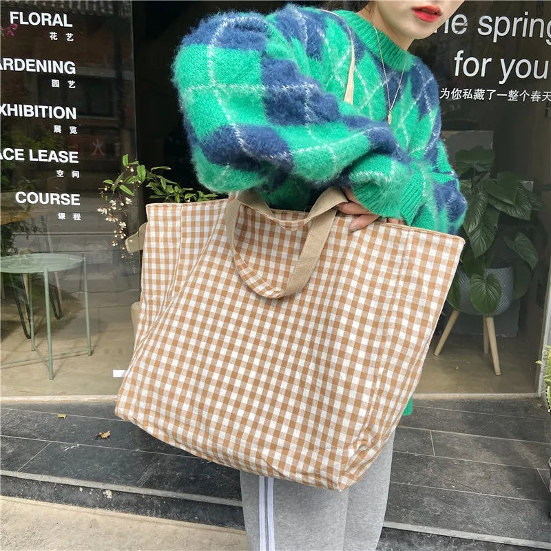 Women Canvas Shoulder Bags Plaid Double-side Large Capacity Handbags Female Shopping Portable Lazy All-match Foldable Tote Bag