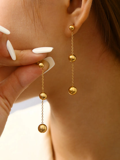 Fashion Elegant Simple Premium Feeling Stainless Steel 18K Gold Plated Three Large And Small Beads Dangle Earrings For Women