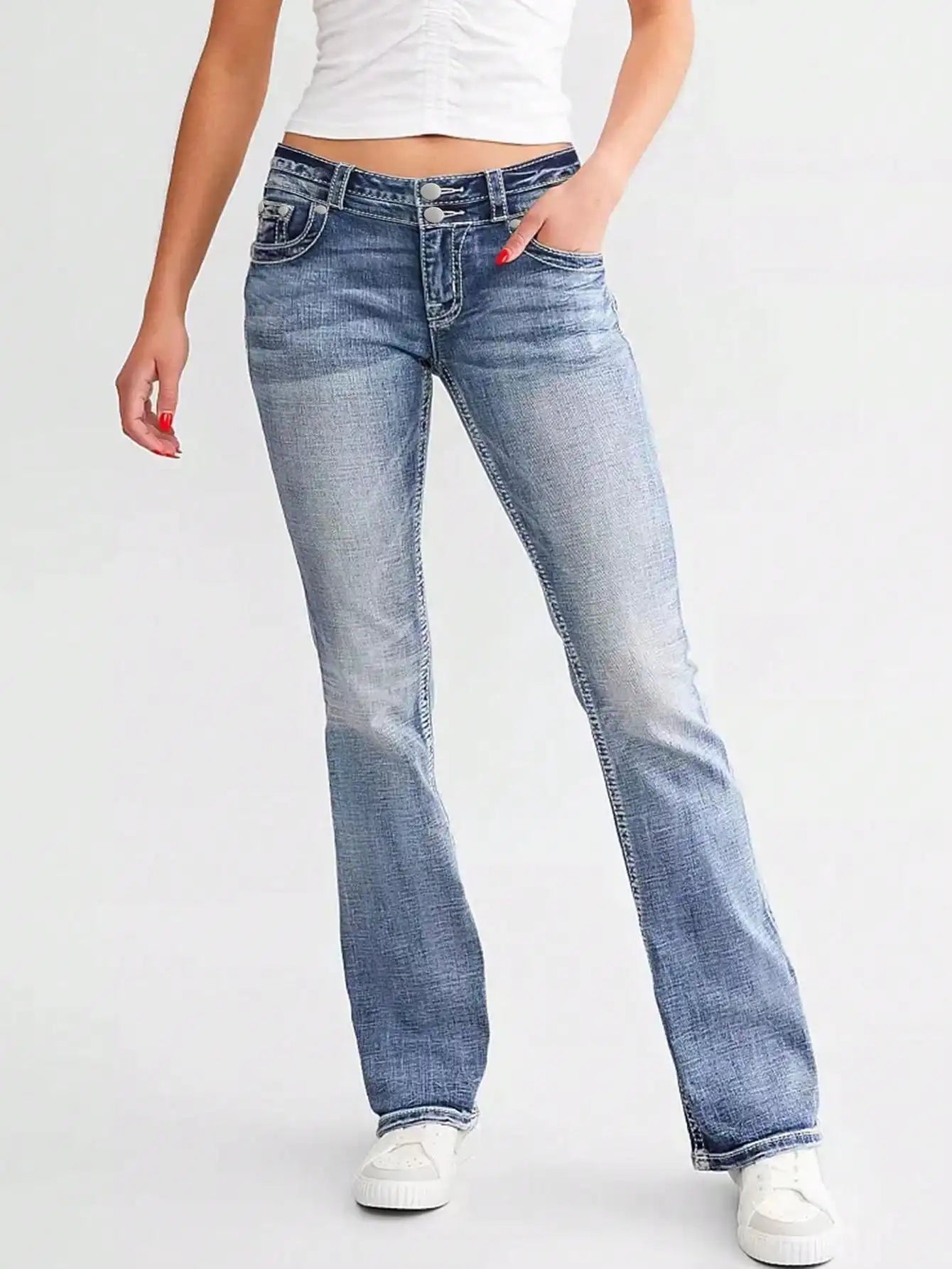 New women's embroidered jeans fashionable double waist washed bootcut pants