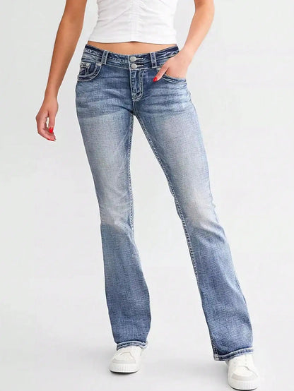 New women's embroidered jeans fashionable double waist washed bootcut pants