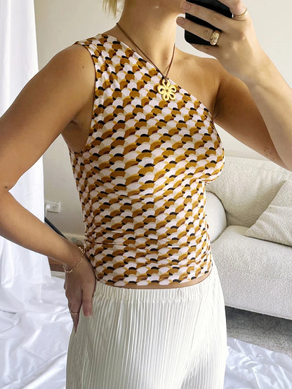 Women's Fashion One Shoulder Tops Slim Flower Print Slash Neck Backless Sleeveless Crop Shirt for Summer