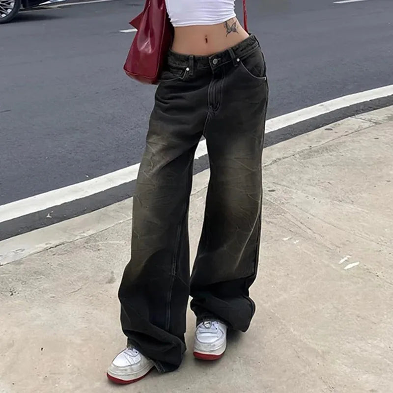 Low Waist Jeans for Women Goth Y2k Style Baggy Jeans Punk New Jeans Wide Leg Denim Pants Kpop Casual Loose Streetwear