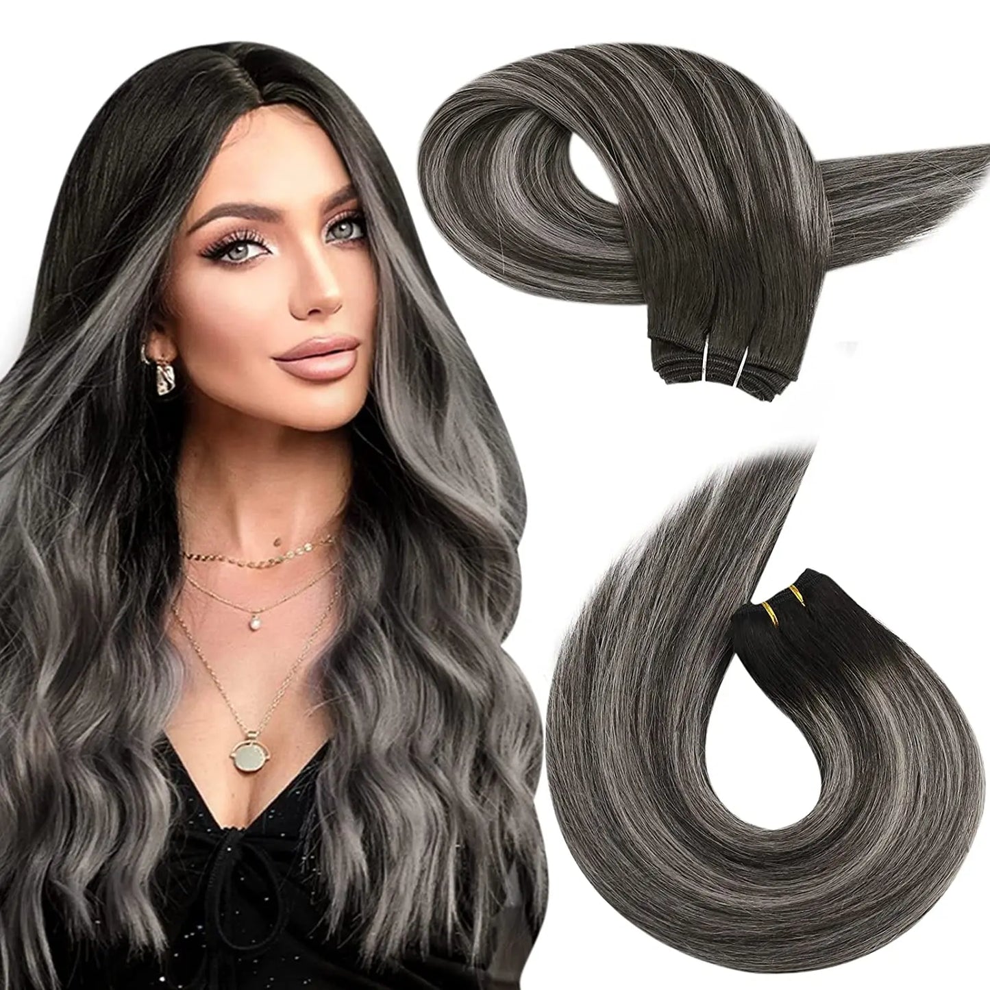Moresoo Human Hair Bundles Weave in Double Wefted Machine Remy Hair Balayage Hair Pieces for Women Straight Weft Hair Extension