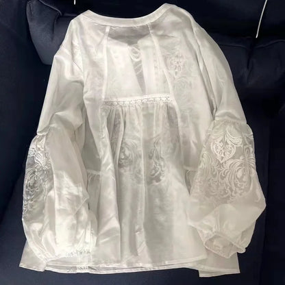 Tops Fashion Designer Blouses 2024 Spring Summer Tops Women Lurex Embroidery Long Sleeve Casual Loose White  Cotton Blouse
