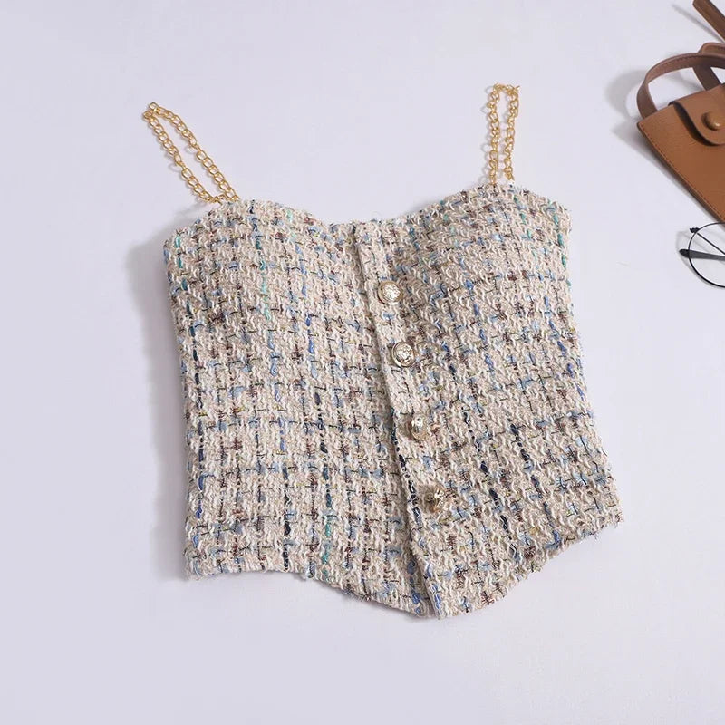 Women Summer Tweed Chain Chic Tank Tops Buttons Off Shoulder with Bra Pad Crop Tops Pleated Sexy Backless Sleeveless Sweet Camis