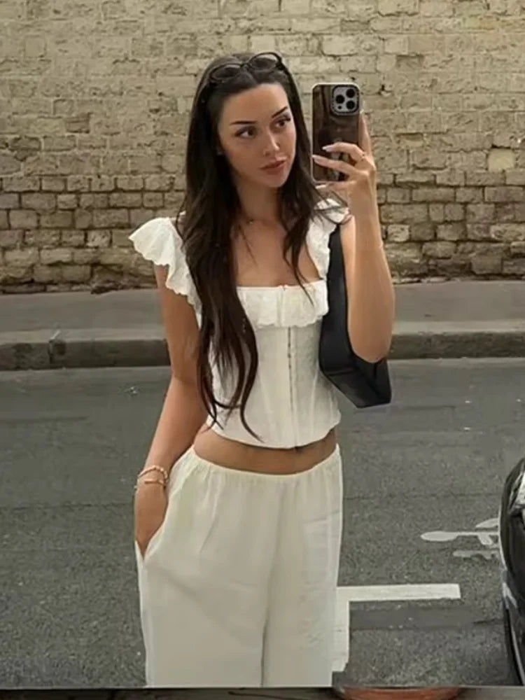 Solid Lace Women Fashion Tops Square Neck Sleeveless Flounce Edges Bodycon Single Breasted Vestidos 2025 Summer Lady Y2k Wear