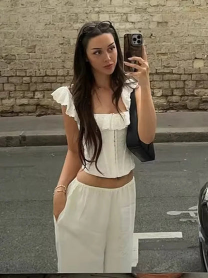 Solid Lace Women Fashion Tops Square Neck Sleeveless Flounce Edges Bodycon Single Breasted Vestidos 2025 Summer Lady Y2k Wear