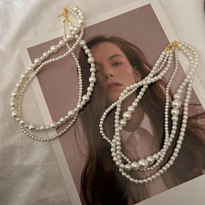 New Trendy Vintage Pearl Multi Layered Pearl Bead Necklace for Women Sweet Elegant Party Jewelry Wedding Gifts