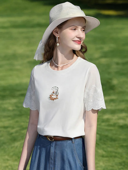 I BELIEVE YOU Top For Women 2025 New Summer T-shirt White O-Neck Studded Beads Embroidery Splicing Commuting T-shirt 2252016014