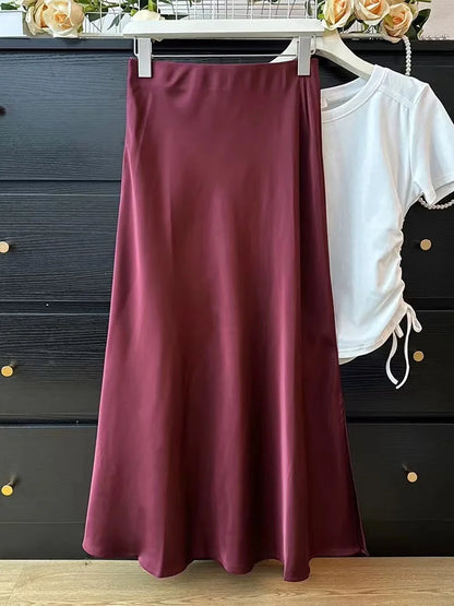 Long Skirts for Women High-waisted Thin Satin Acetate Silky Fishtail Skirt Korean Fashion Clothing Elegant Women's A-line Skirt