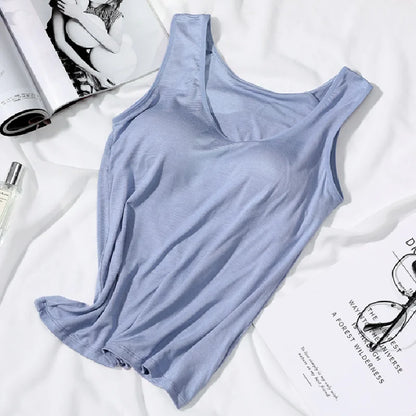 Women's Vest Tops With Built In Bra Neck Vest Padded Slim Fit Tank Tops Sexy Shirts Feminino Casual Underlay shirt slimming