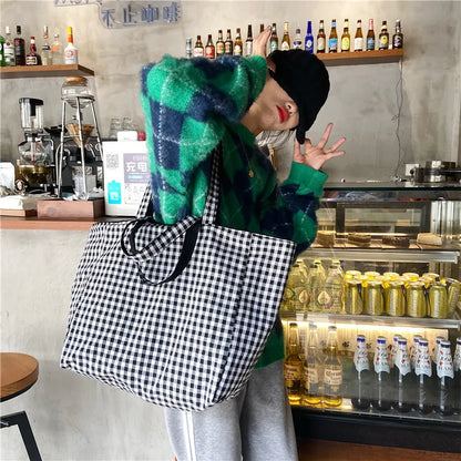 Women Canvas Shoulder Bags Plaid Double-side Large Capacity Handbags Female Shopping Portable Lazy All-match Foldable Tote Bag