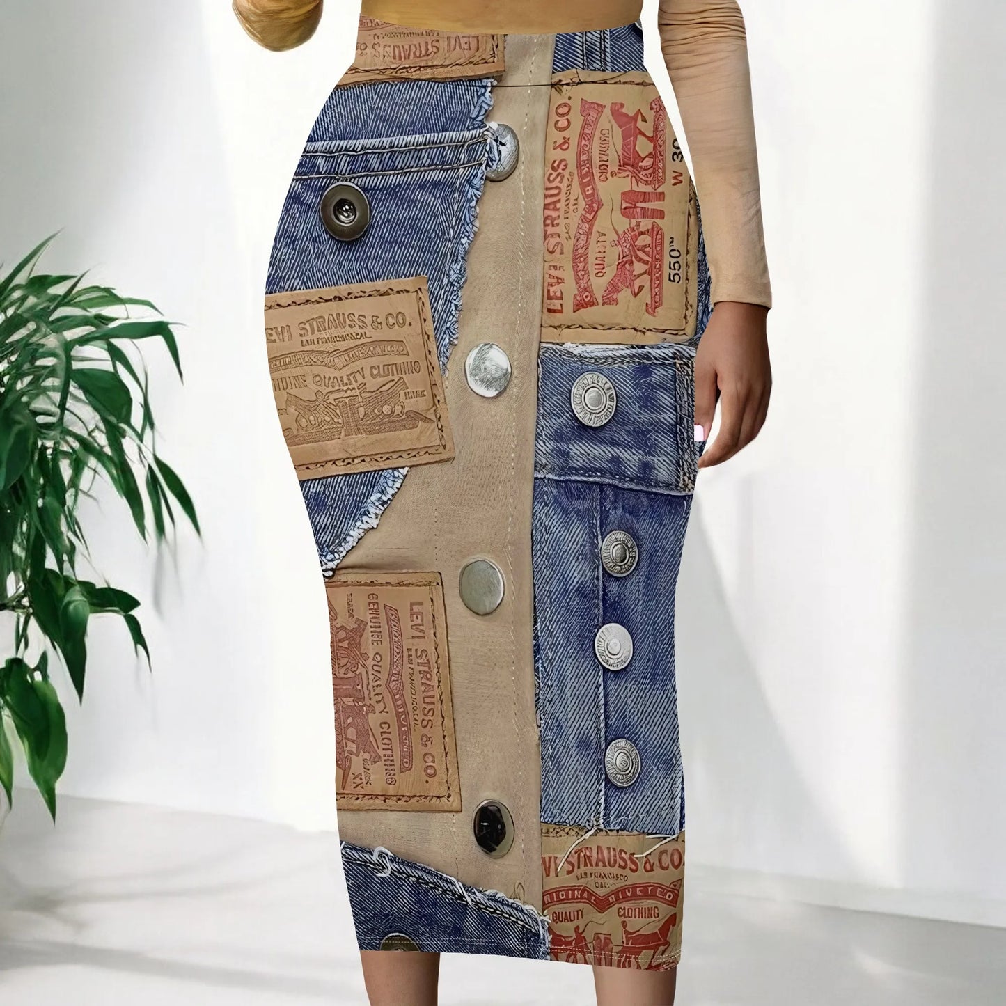 Womens Long Cotton Patchwork Stretch Denim Skirt a Line Flared Jean Maxi Skirt