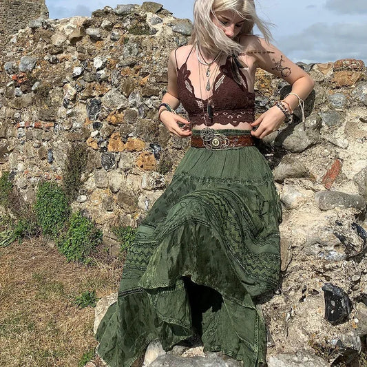 Women's Sexy Skirt 90s Vintage Boho Midi Skirts Fairycore Grunge Kawaii High Waist Long Pleated Dress Summer Streetwear Y2k