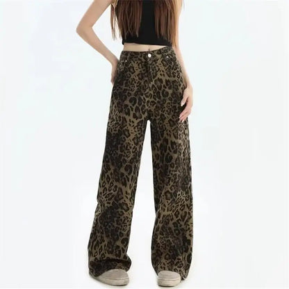 Women's leopard print jeans autumn and winter fashionable versatile loose retro casual pants straight leg wide leg pants