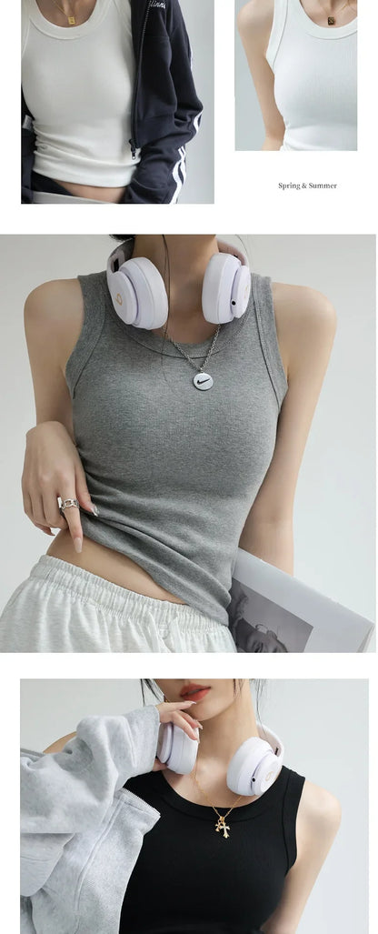 New Women Solid Round Neck Ribbed Tank Top Camisole Women Summer Basic Elastic TankTop One-piece Vest with Chest Pad Y2k