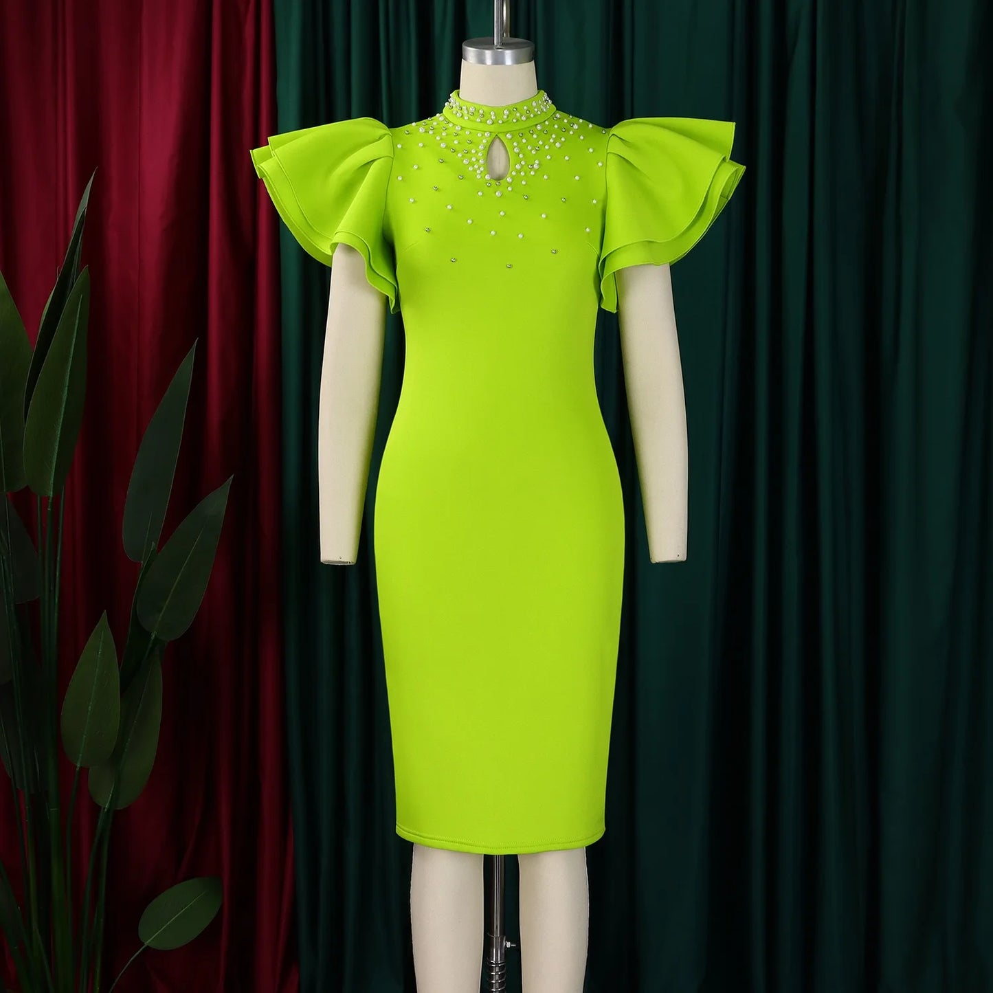 Elegant Dresses for Women O Neck Ruffles Sleeve Beaded Sheath Package Hips Mid Calf Luxury Birthday Party Dinner Vestidos Mujer