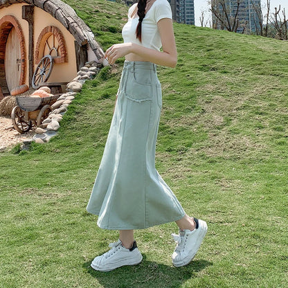 Apricot Denim Skirt Summer Women's 2024 New High Waist Slim Fashion Design Pocket Hip A-line Ankle-length Jean Skirt