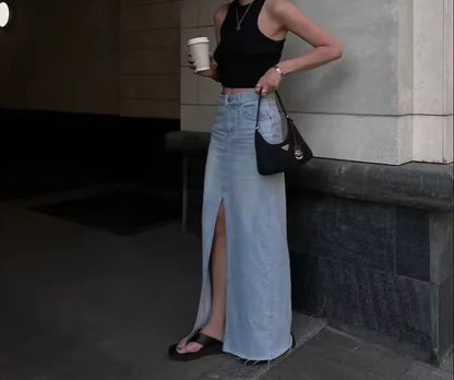MiuKoMiYa Long Denim Skirts For Women Maxi Spring 2025 Black Front Slit Jean Skirts Womens Long Streetwear Blue Skirt Denim Maxi