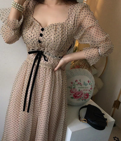 Women Clothing Vestidos Vintage Dress Elegant Square Neck High Waisted Lace Organza Polka Dot Dresses Chic Summer 2025 Slim
