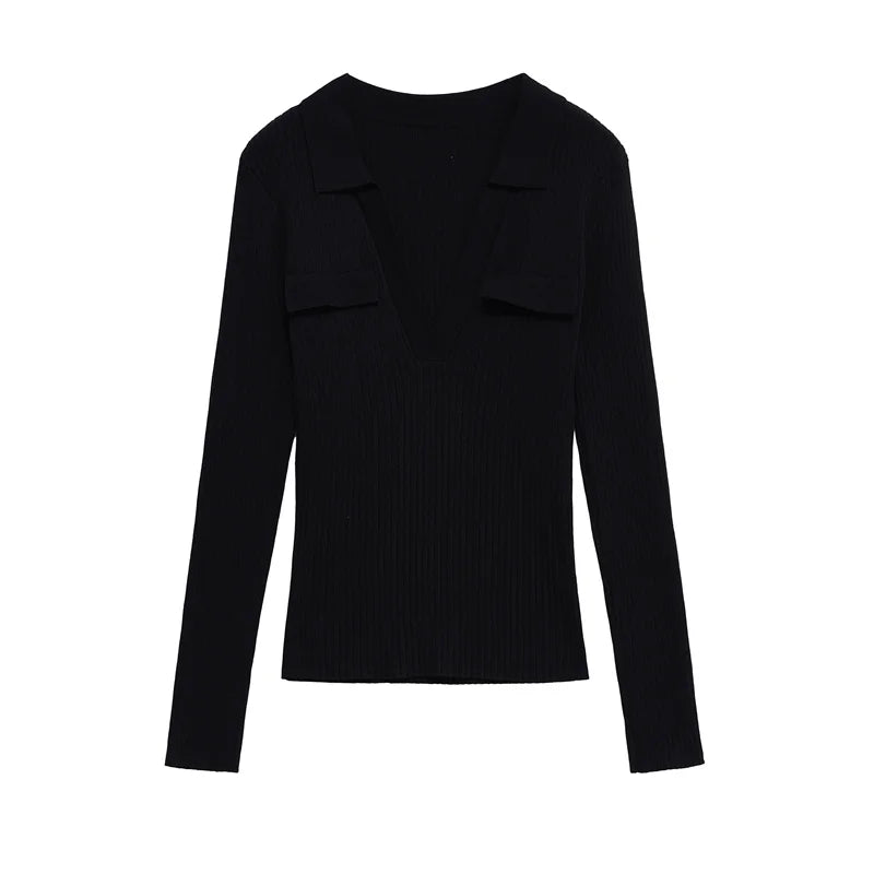 Women's Tops New Fall 2025 Solid Color Long Sleeve Lapel Slim Knit Top Sexy V-Neck Design Casual Fashion Personality Versatile