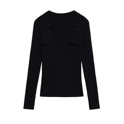 Women's Tops New Fall 2025 Solid Color Long Sleeve Lapel Slim Knit Top Sexy V-Neck Design Casual Fashion Personality Versatile