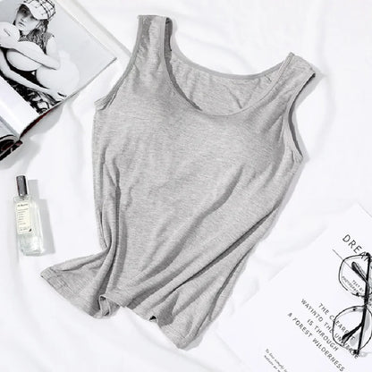 Women's Vest Tops With Built In Bra Neck Vest Padded Slim Fit Tank Tops Sexy Shirts Feminino Casual Underlay shirt slimming