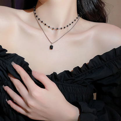 Shiny Black Chokers Necklaces for Women 2022 Trend Double Layer Beaded Chain Geometry Charm Necklace Jewelry