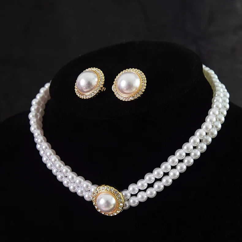 Women Elegant Pearl Double Layers Necklace Earrings Exquisite Vintage Classic Chains For Lady Party Wedding Retro Jewelry Choker