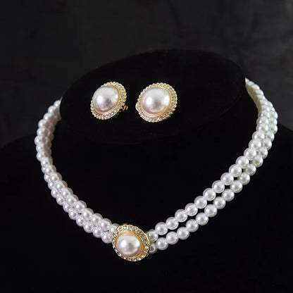 Women Elegant Pearl Double Layers Necklace Earrings Exquisite Vintage Classic Chains For Lady Party Wedding Retro Jewelry Choker