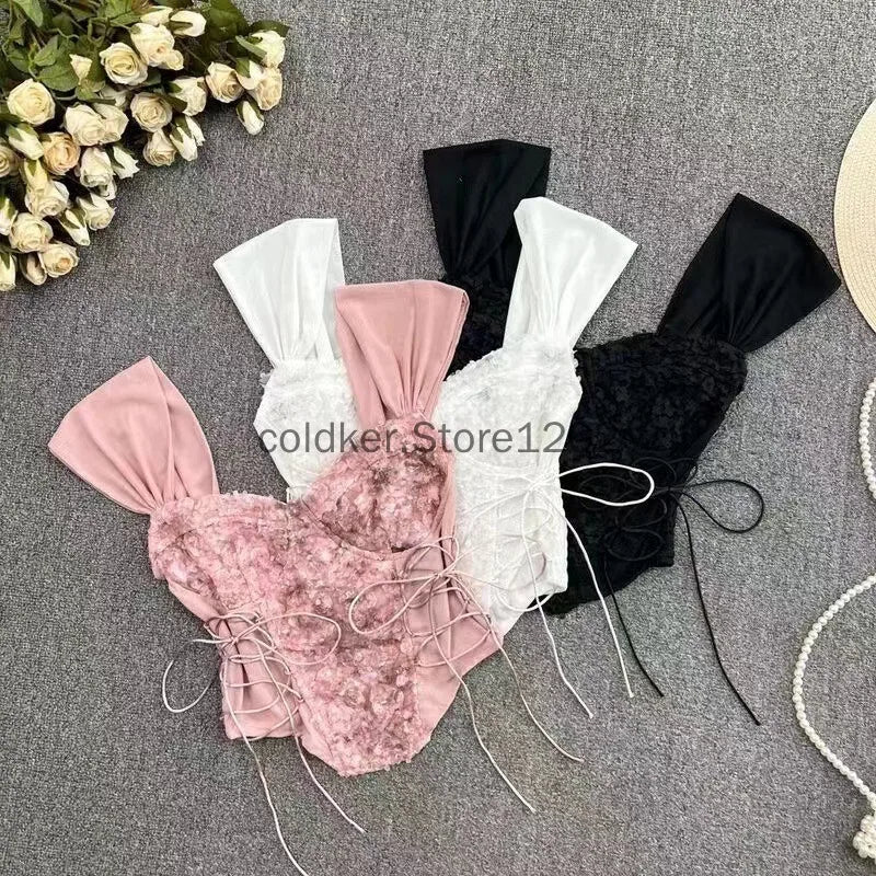 Women Corset Top Y2K Clothes Lolita Ruffles Flower Lace Tank Top Summer French Tube Tops Cute Clothes Pink Crop Tops