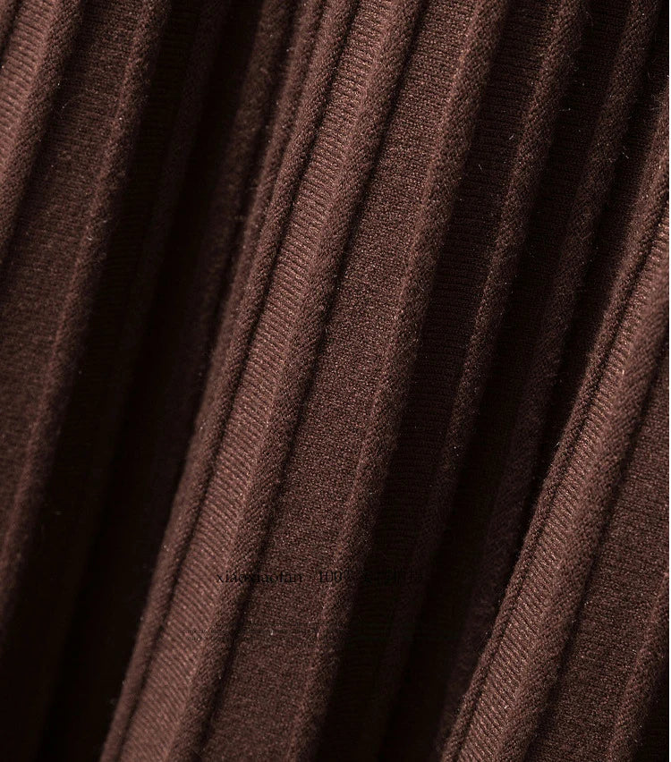 Knitted Skirts Women Autumn Thick Pleated Long Skirt Vintage High Waist Ribbed Female Solid Skirts Casual Streetwear 2025