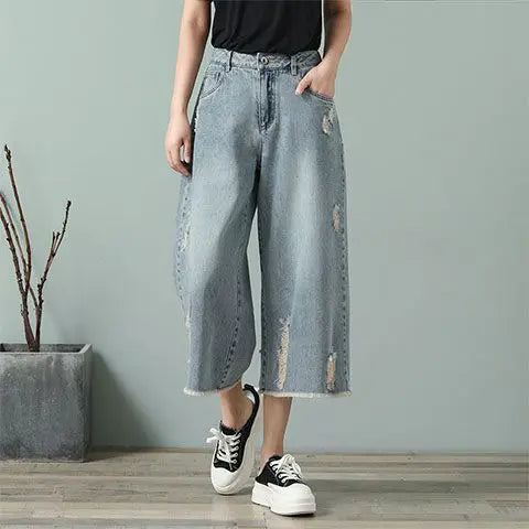 Ripped Jeans Woman Calf-Length Pants Women's Wide Legs Loose Thin Summer Retro Denim High Waist Baggy Korean Fashion Clothes New