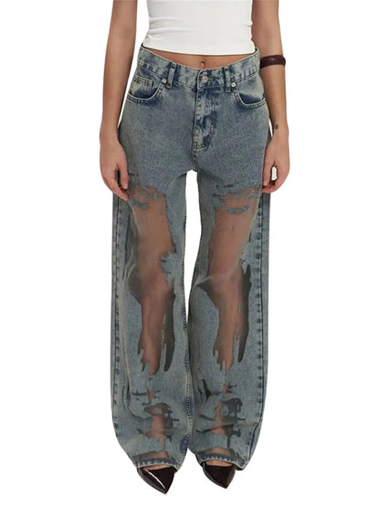 Women's Distressed Ripped Grunge Denim Jeans Gothic Dark High Waist Straight Leg Baggy Pants Trendy Hip Hop Streetwear Trousers