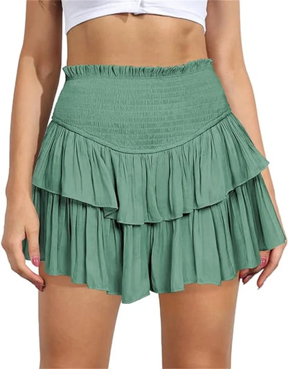 Women's High Waist Ruffle Pleated Mini Skirts Solid Lined Layered Flared Flowy Casual Swing Summer Boho Beach Mini Short Skirt