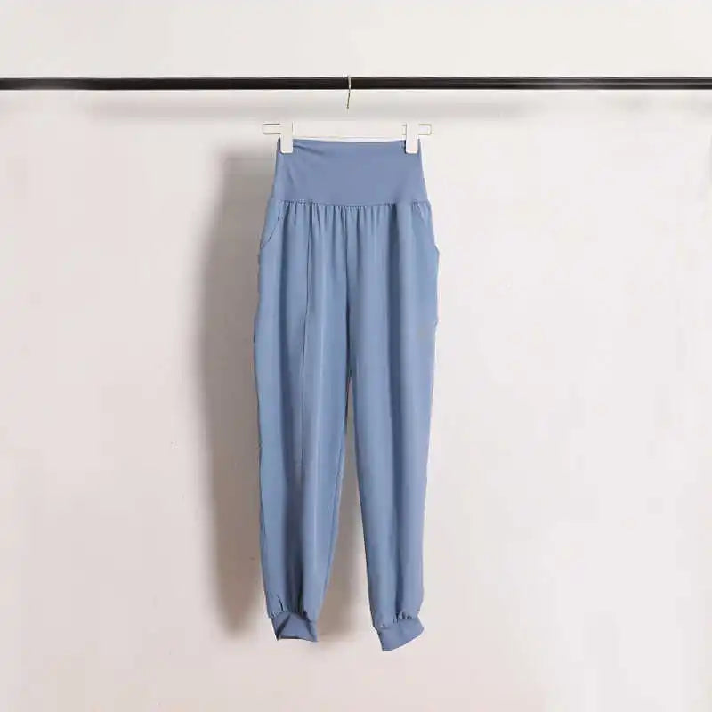 Women's mid-rise yoga pants with no awkward lines, slim-fit, hip-lifting, running with pockets, fitness long pants, elastic quic