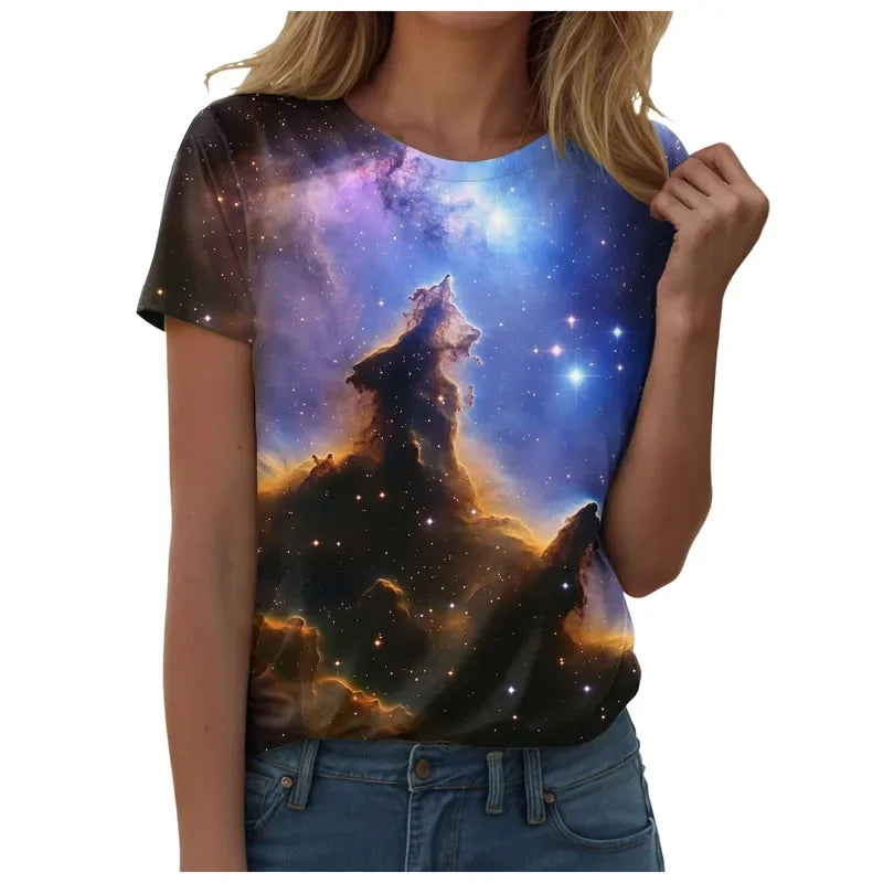 Top blouse woman trend 2025 women 3D galaxy print t shirts glitter shirts blouse fashionable Starry Sky summer ropa para Mujer