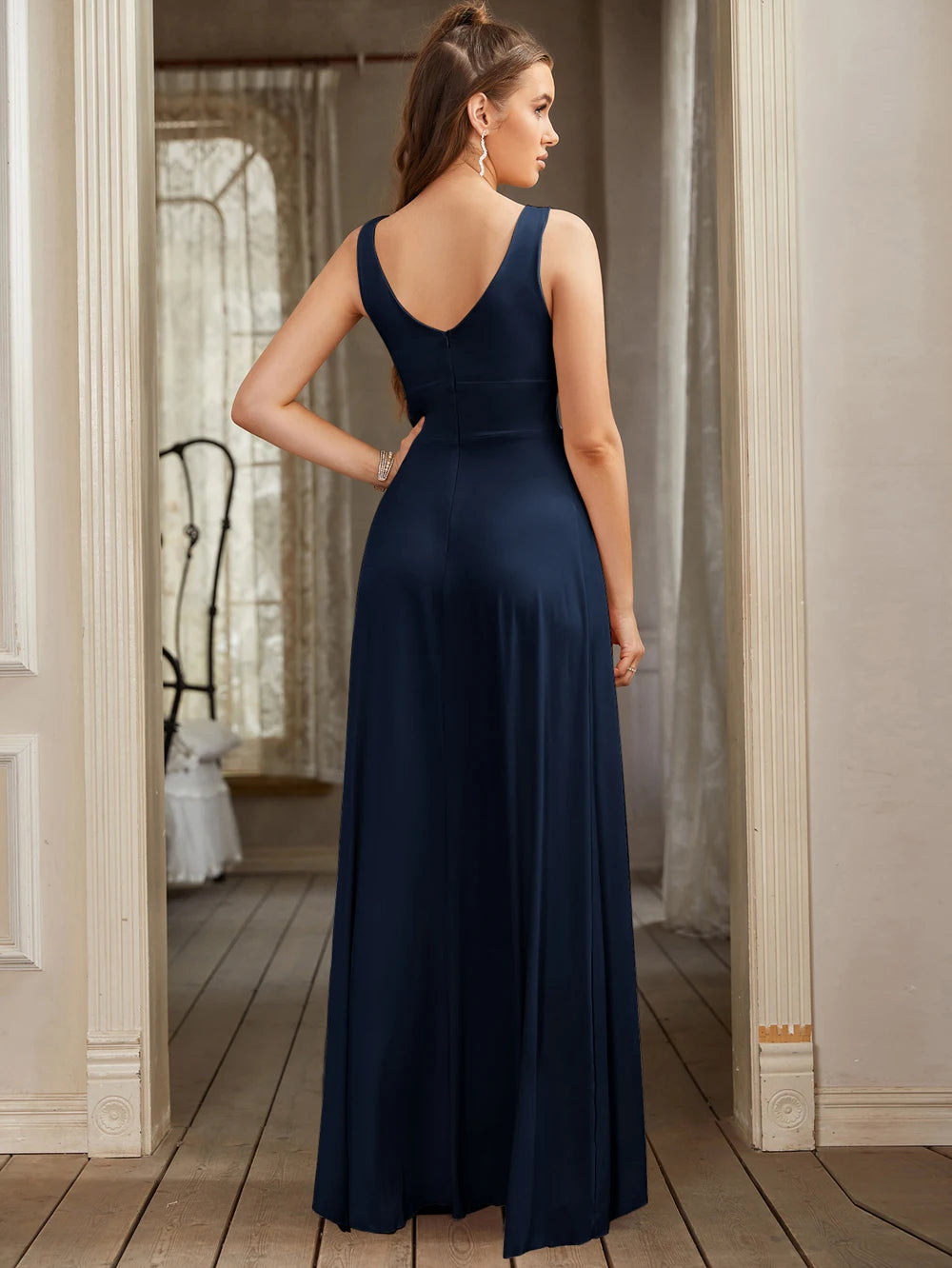 Women Evening Dresses Formal Occasion Sexy Split V Neck Backless Sleeveless Cocktail Dresses Wedding Party Prom Gowns Bridesmaid